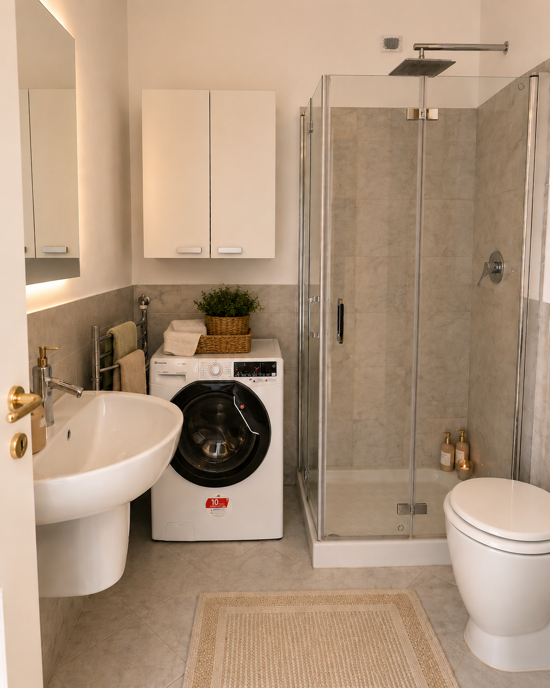 Compact bathroom with glass walk-in shower, washing machine, sink and toilet in warm neutrals