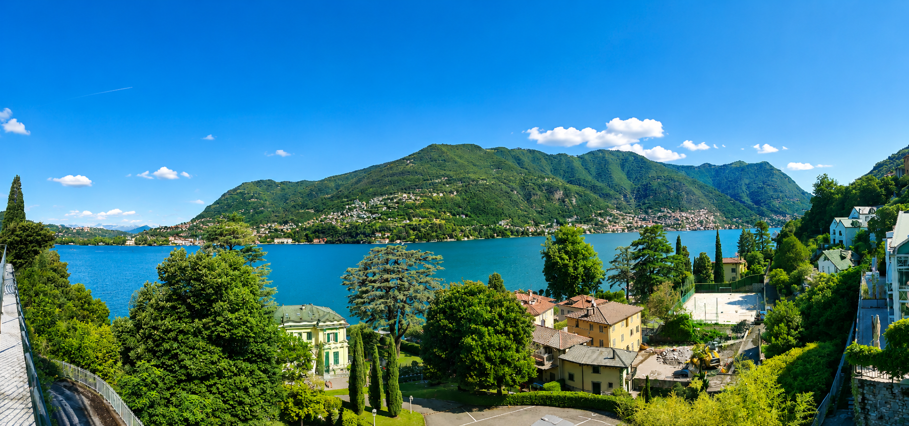 Panoramic daytime view across Lake Como from Blevio