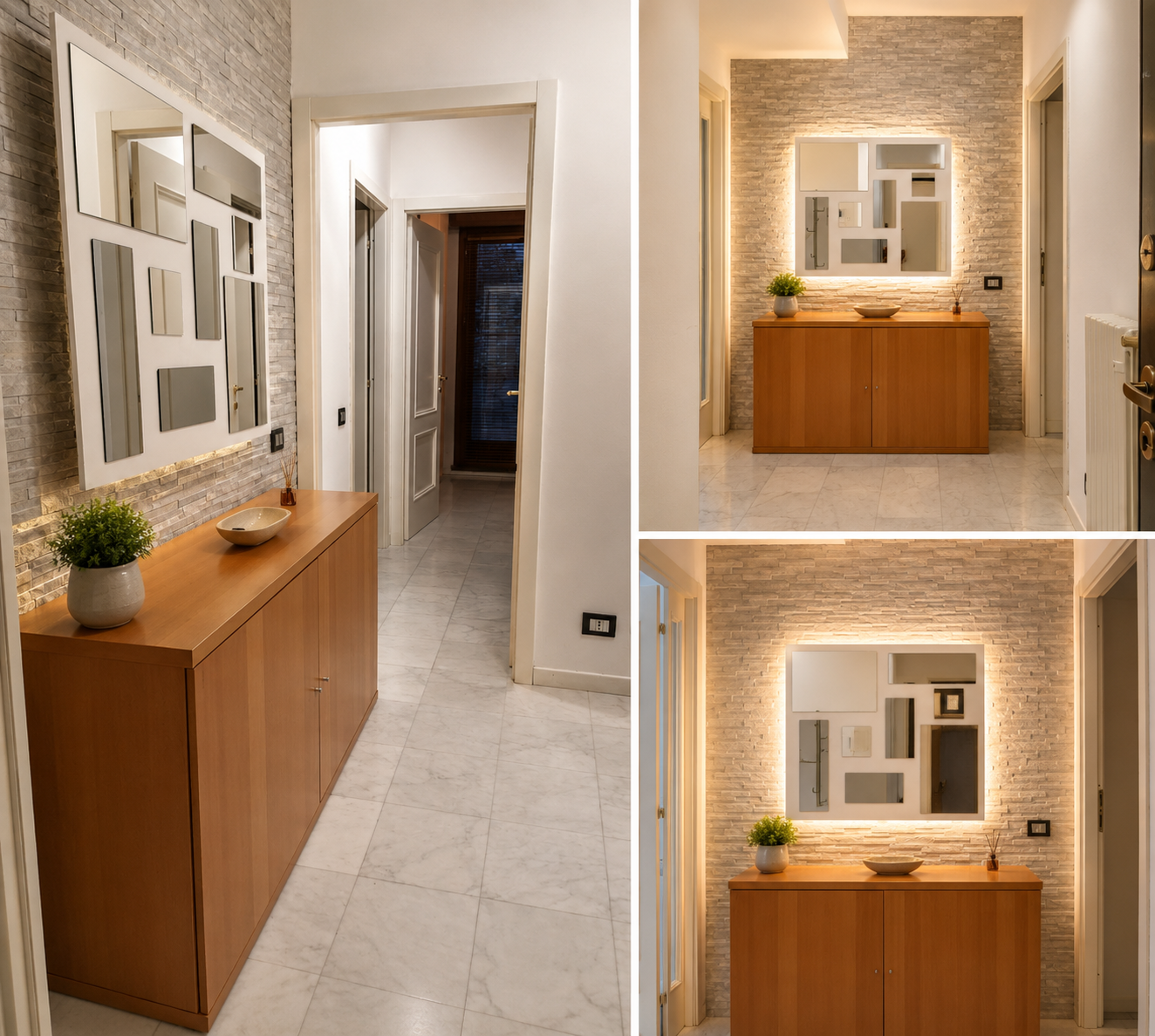 Entry hallway with stone-clad wall, large mirror collage and warm wooden console