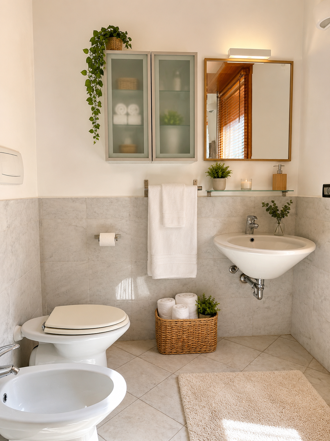 Marble-tiled bathroom with wall-mounted sink, mirror, bidet and frosted-glass cabinet